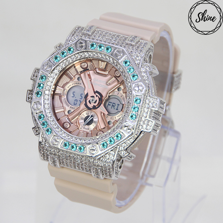 銀色 Mini-G 改裝手錶 GMA-S120MF-4A - 碧藍八角雙圈