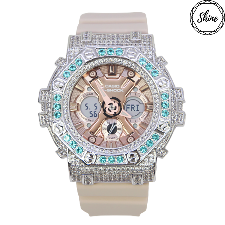 銀色 Mini-G 改裝手錶 GMA-S120MF-4A - 碧藍八角雙圈