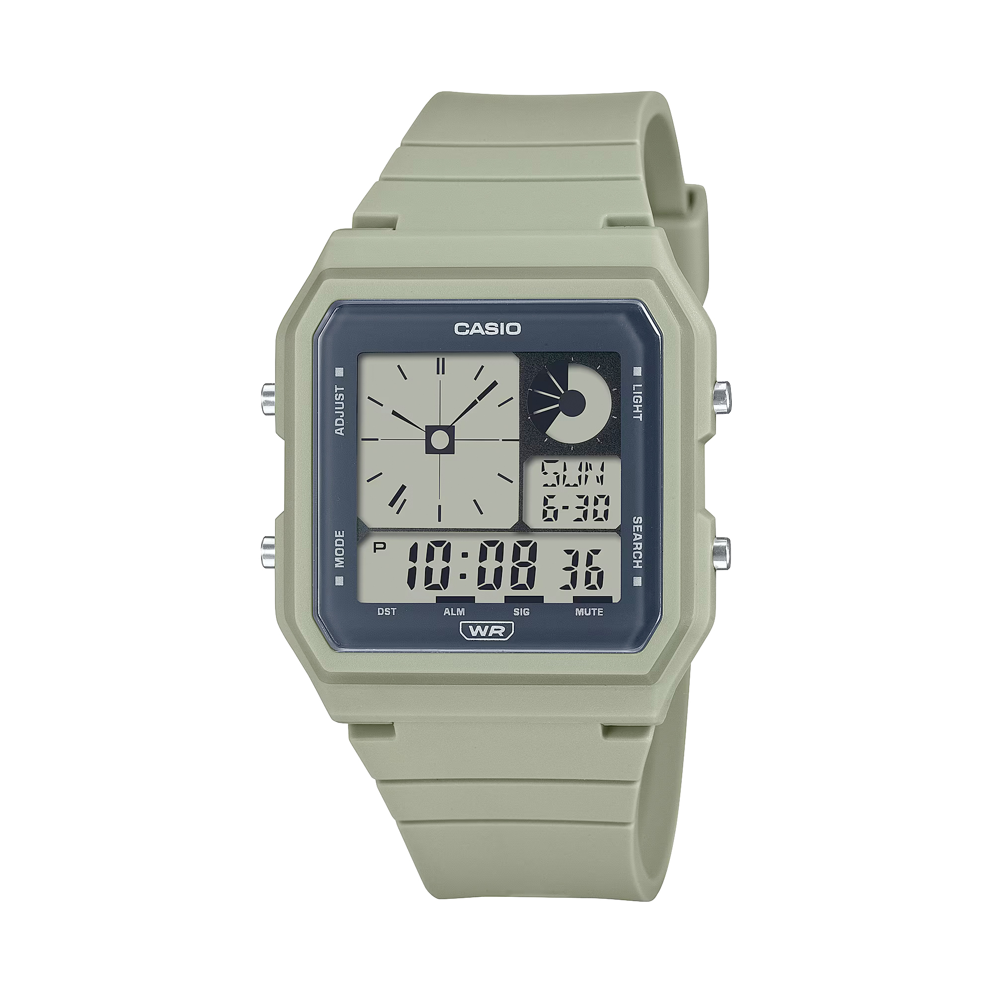 Casio LF-20W-3A 雙顯示 開心果綠 膠帶 方形復古跳字錶