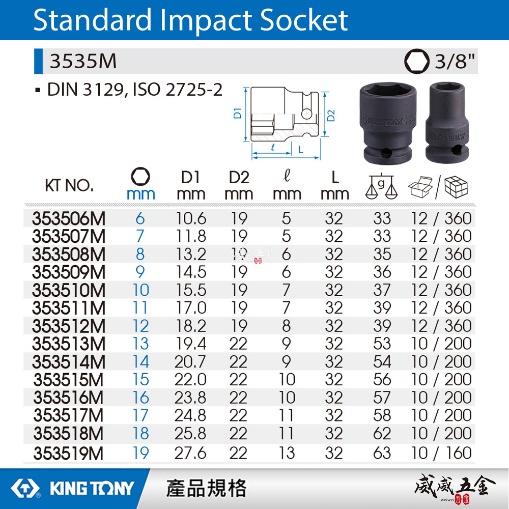 KING TONY 金統立｜公制 3/8" 3分 三分六角氣動標準套筒 氣動短套筒 氣動六角套筒｜3535M