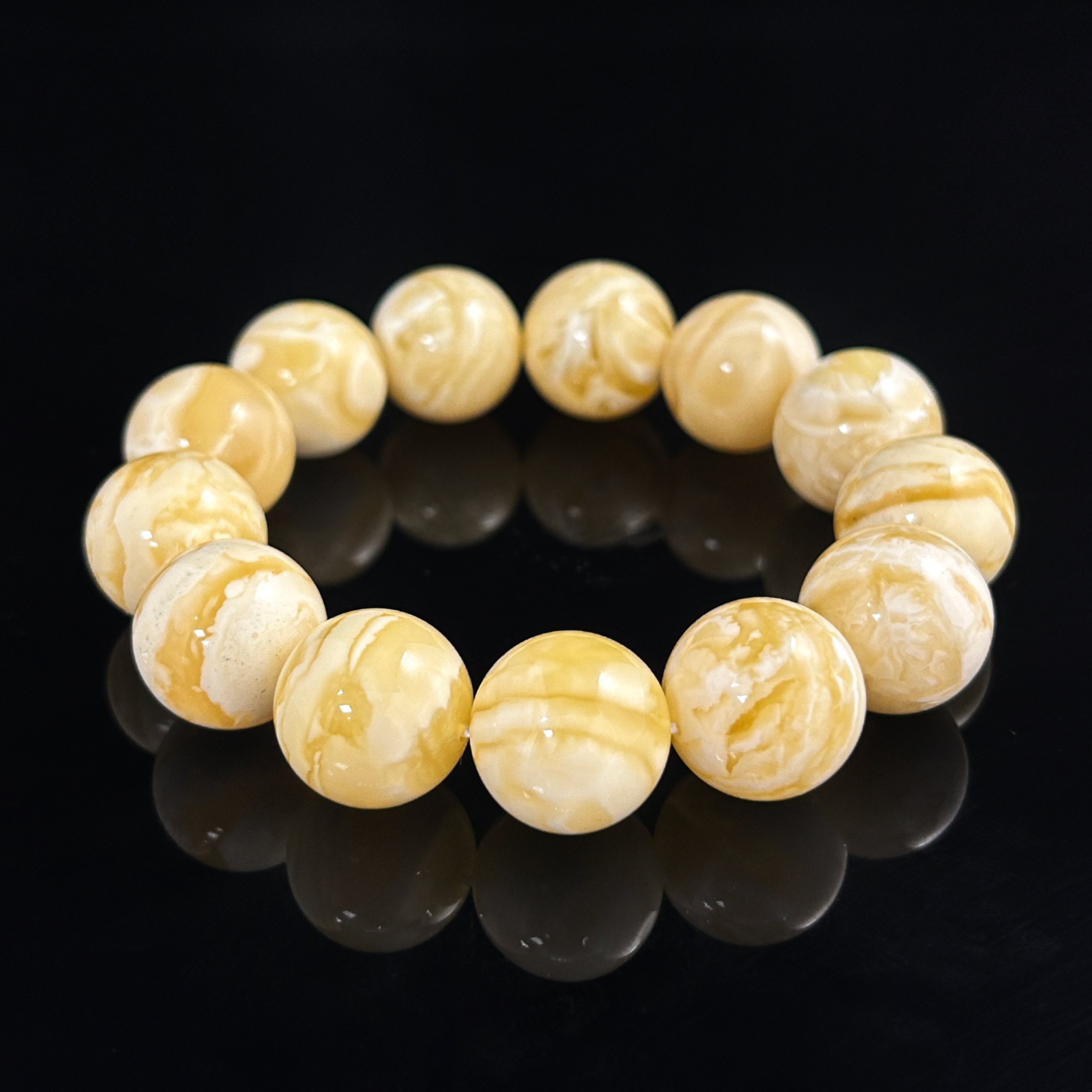 傳家級天然俄羅斯高白花蜜蠟帶妖孽重紋圓珠手鍊 15+mm