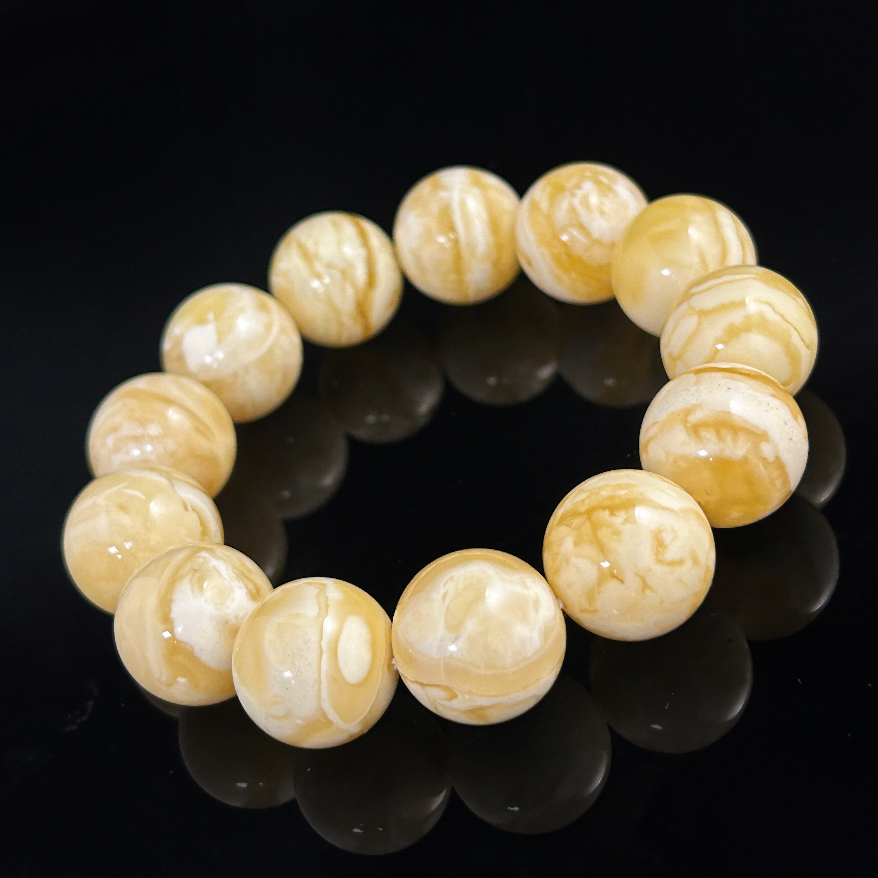 傳家級天然俄羅斯高白花蜜蠟帶妖孽重紋圓珠手鍊 15+mm