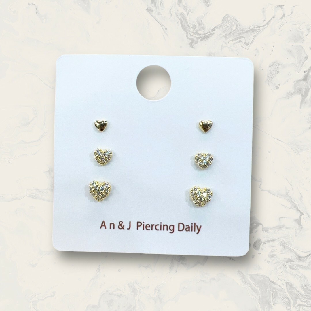 韓國直送-銀針 金愛心+滿鋯小愛心+滿鋯愛心 六件組