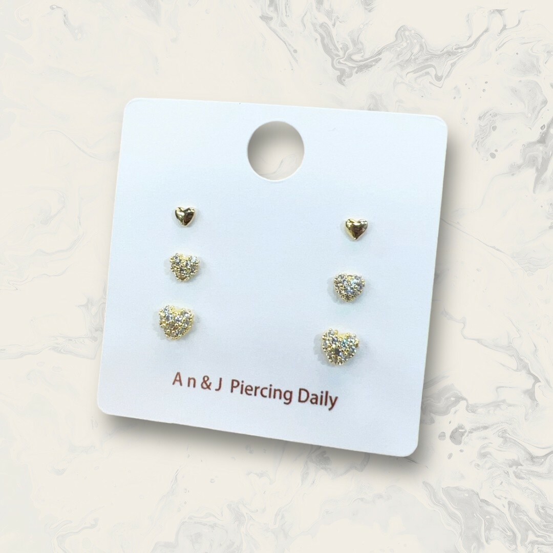 韓國直送-銀針 金愛心+滿鋯小愛心+滿鋯愛心 六件組