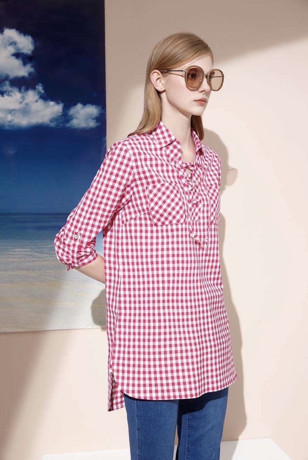 經典格綁繩造型前短後長修身長版上衣S6021