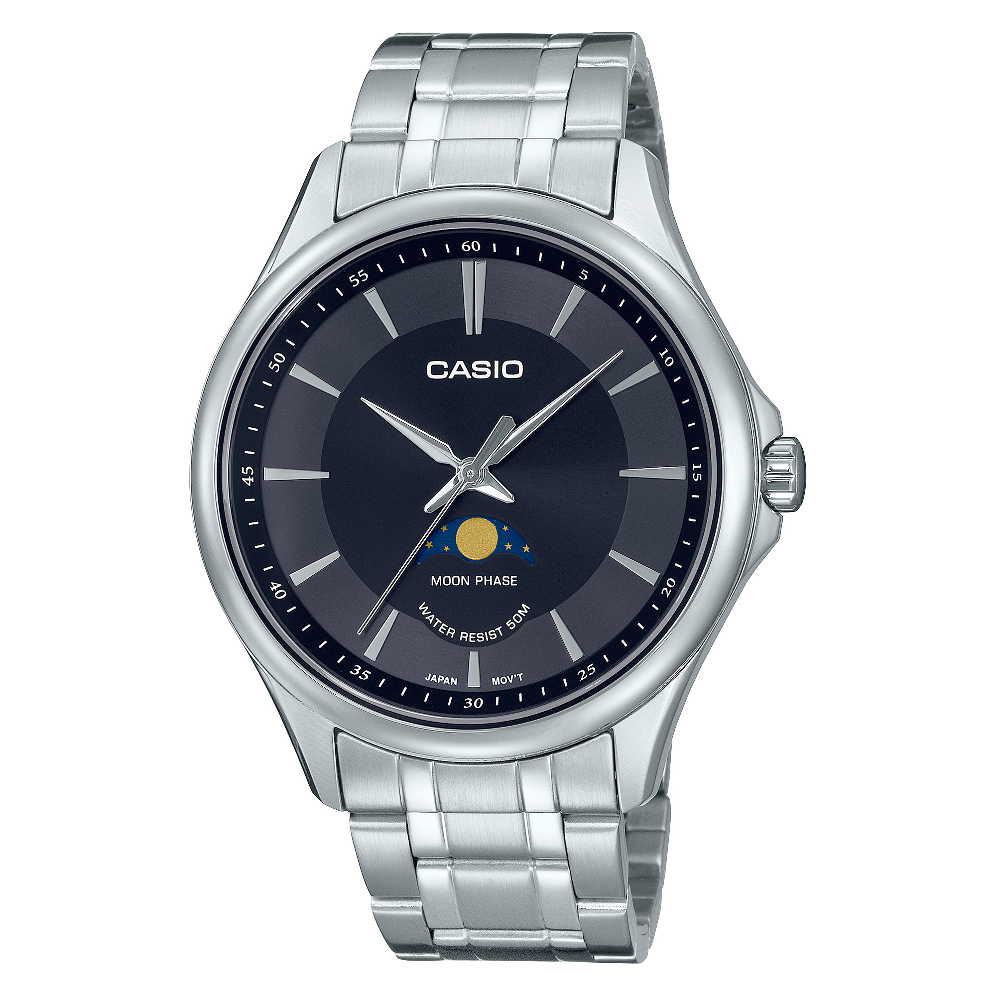 Casio MTP-M100D-1A 41mm 銀黑 月相 石英 鋼帶錶