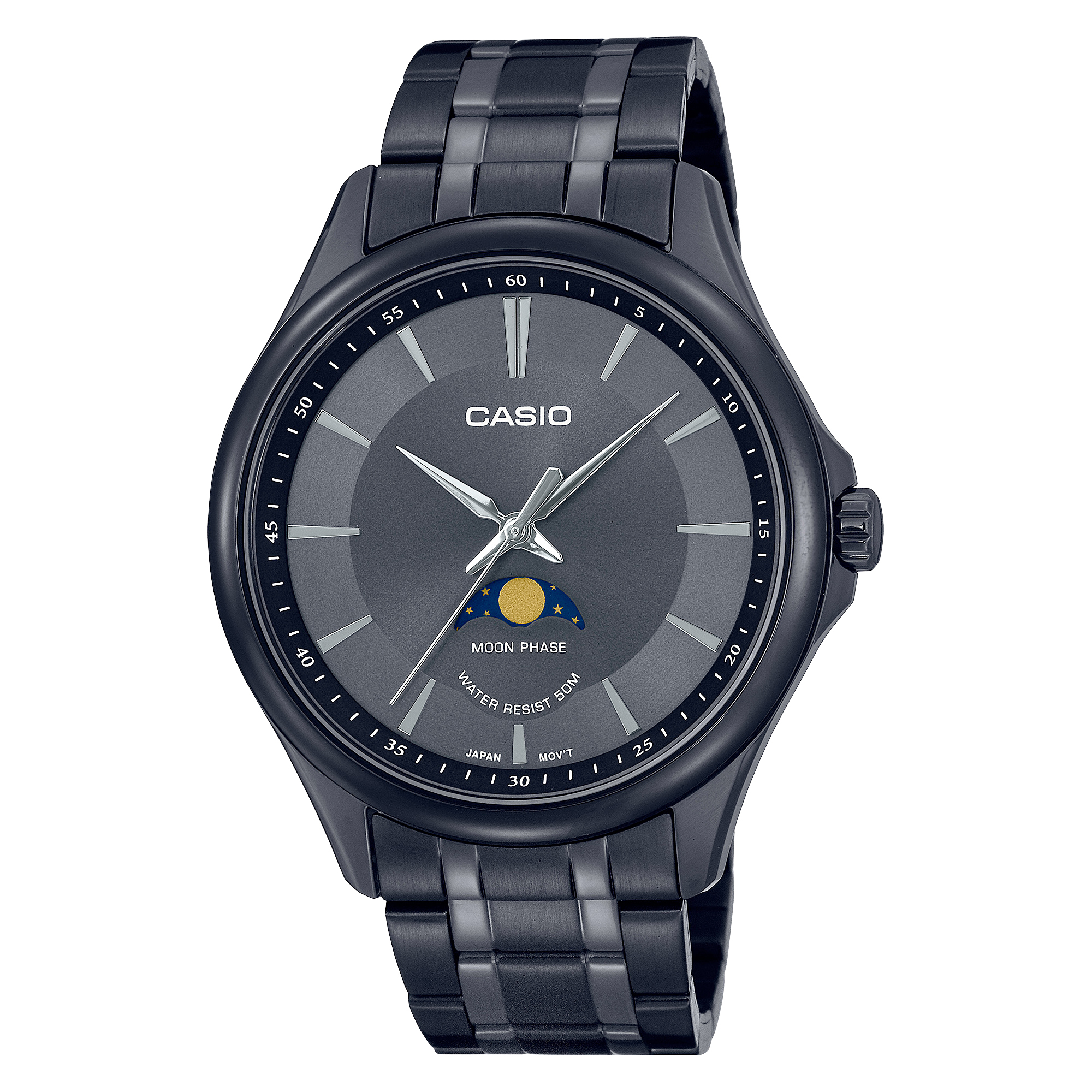 Casio MTP-M100B-1A 41mm 黑鋼 月相 石英 鋼帶錶