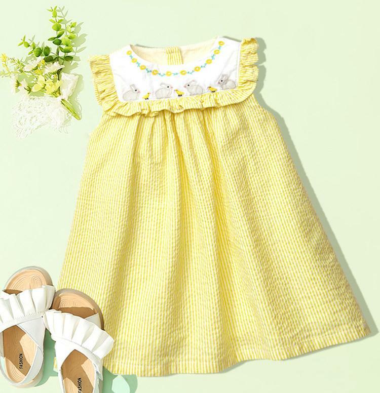 H136YW_SS23_C🐰黃色直紋刺繡兔兔花邊背心裙