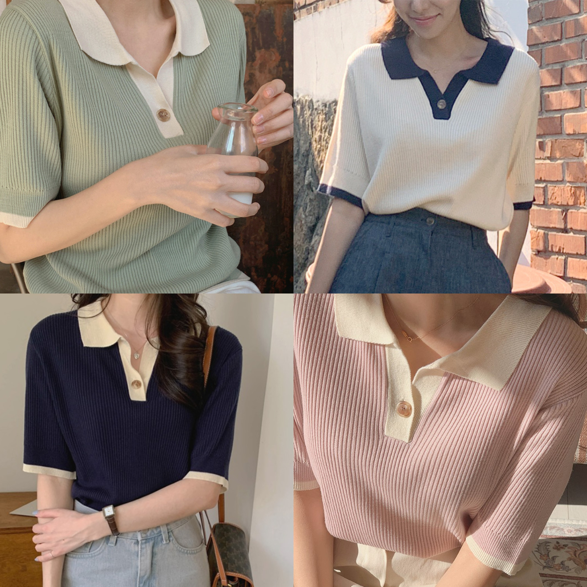 (韓網熱銷5萬件) 韓國Cherrykoko授權 韓系配色翻領單釦坑條針織衫