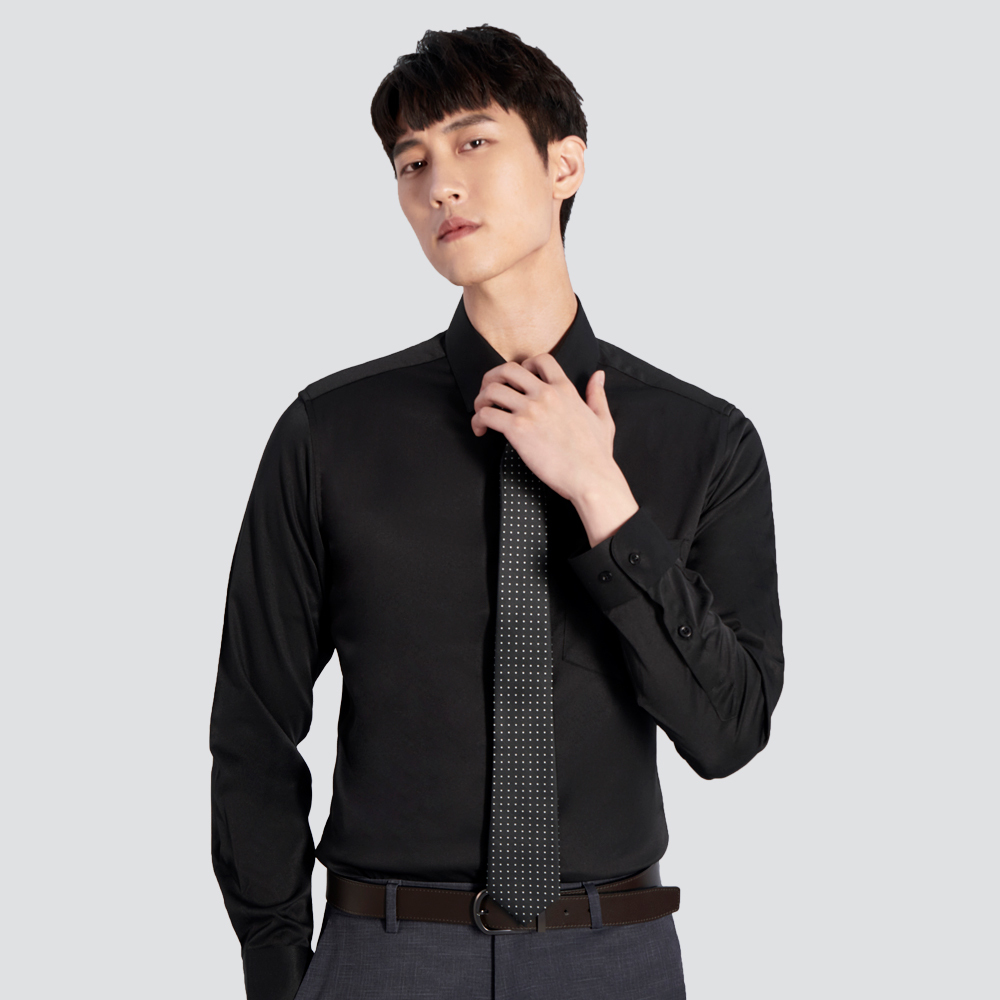 修身彈性長袖襯衫-斜紋黑