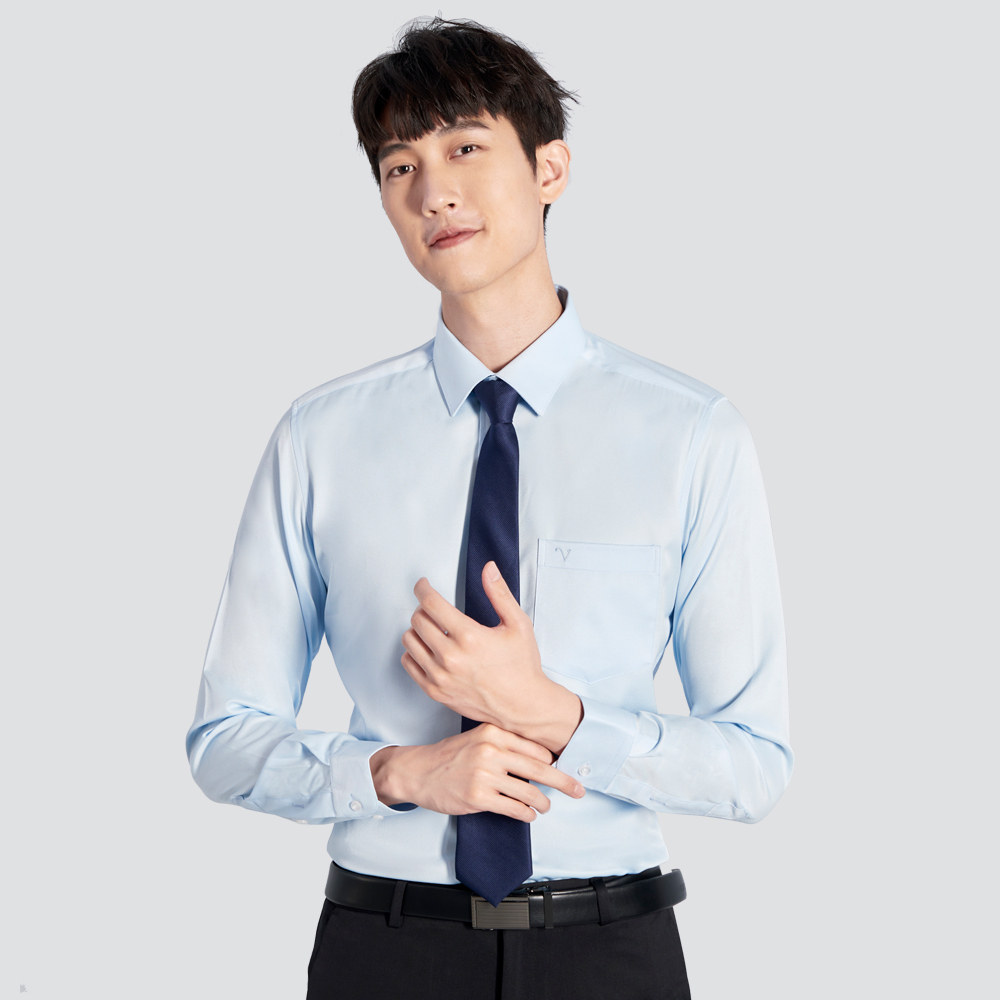 修身彈性長袖襯衫-斜紋藍
