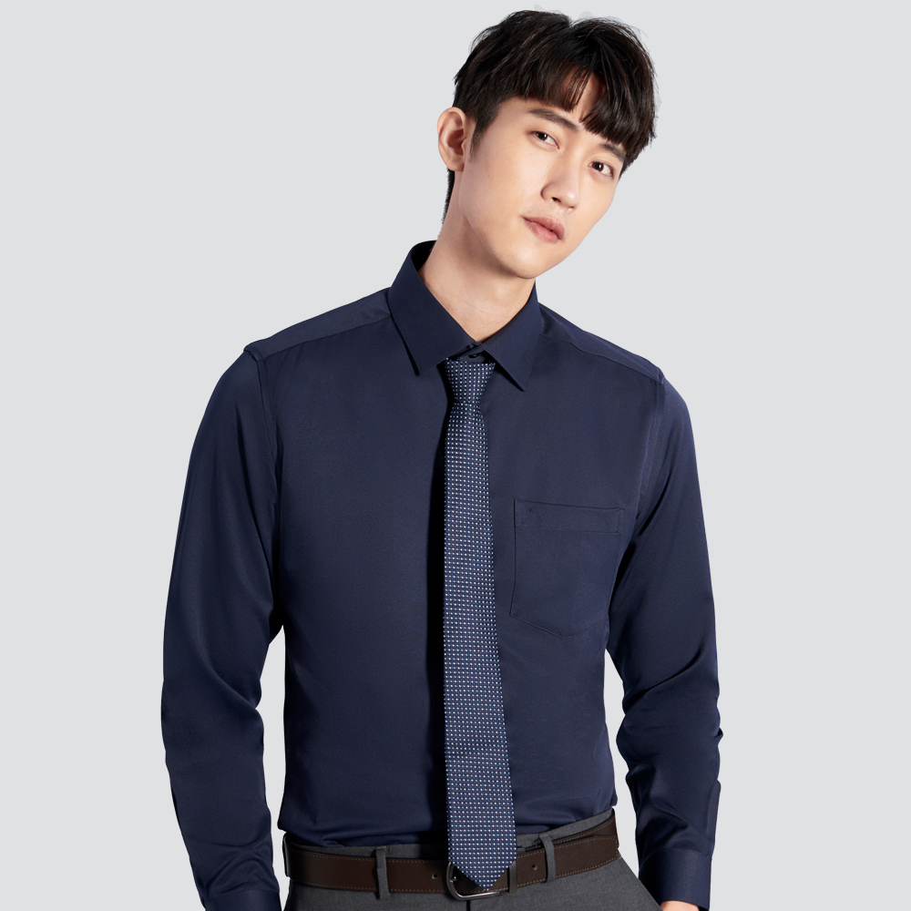 修身彈性長袖襯衫-斜紋丈青