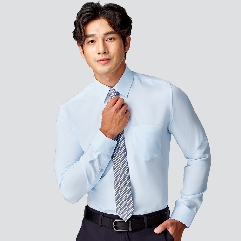 修身彈性素面長袖襯衫-藍