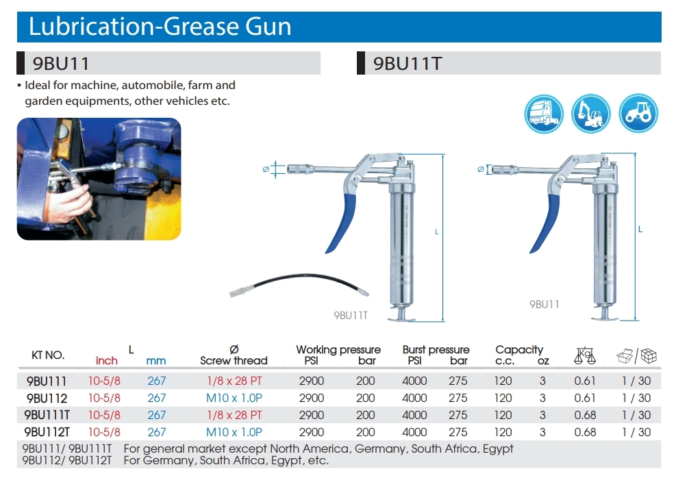 KING TONY 金統立｜120cc 手動牛油槍 握把型-附9" 軟管牛油槍 牛油條用槍｜9BU111T
