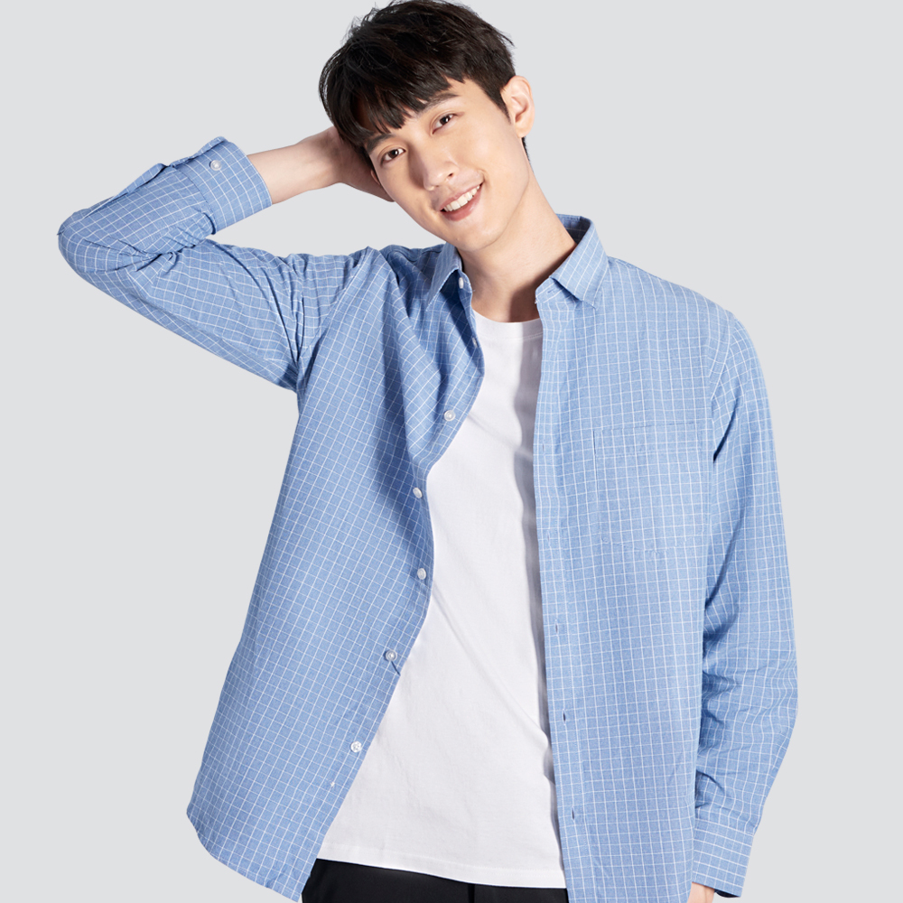 格紋長袖襯衫-深藍