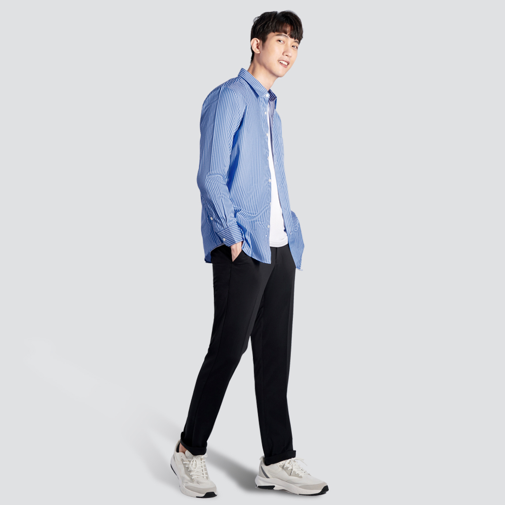 條紋長袖襯衫-藍