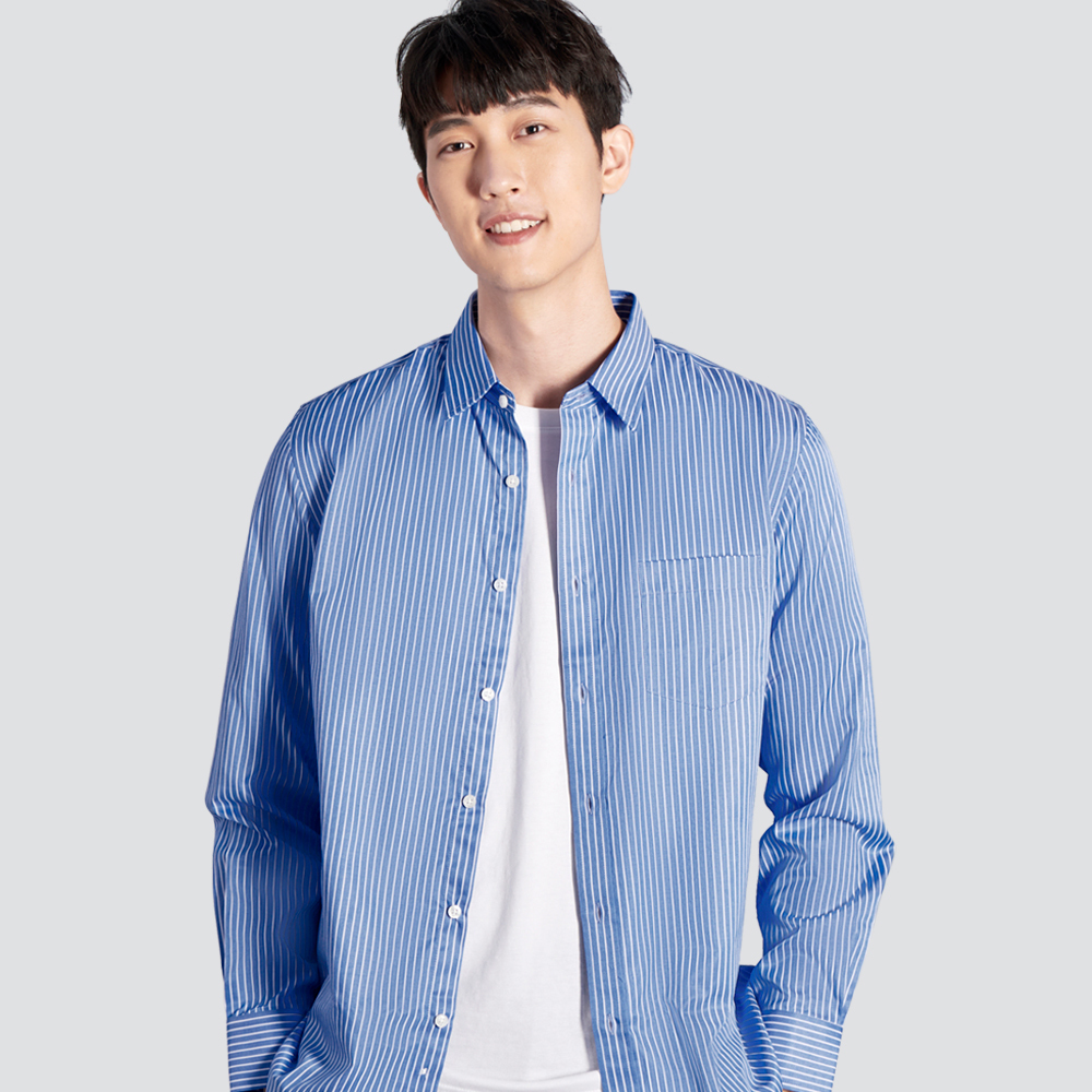 條紋長袖襯衫-藍
