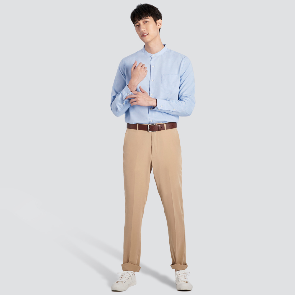 嫘縈立領彈性長袖襯衫-藍