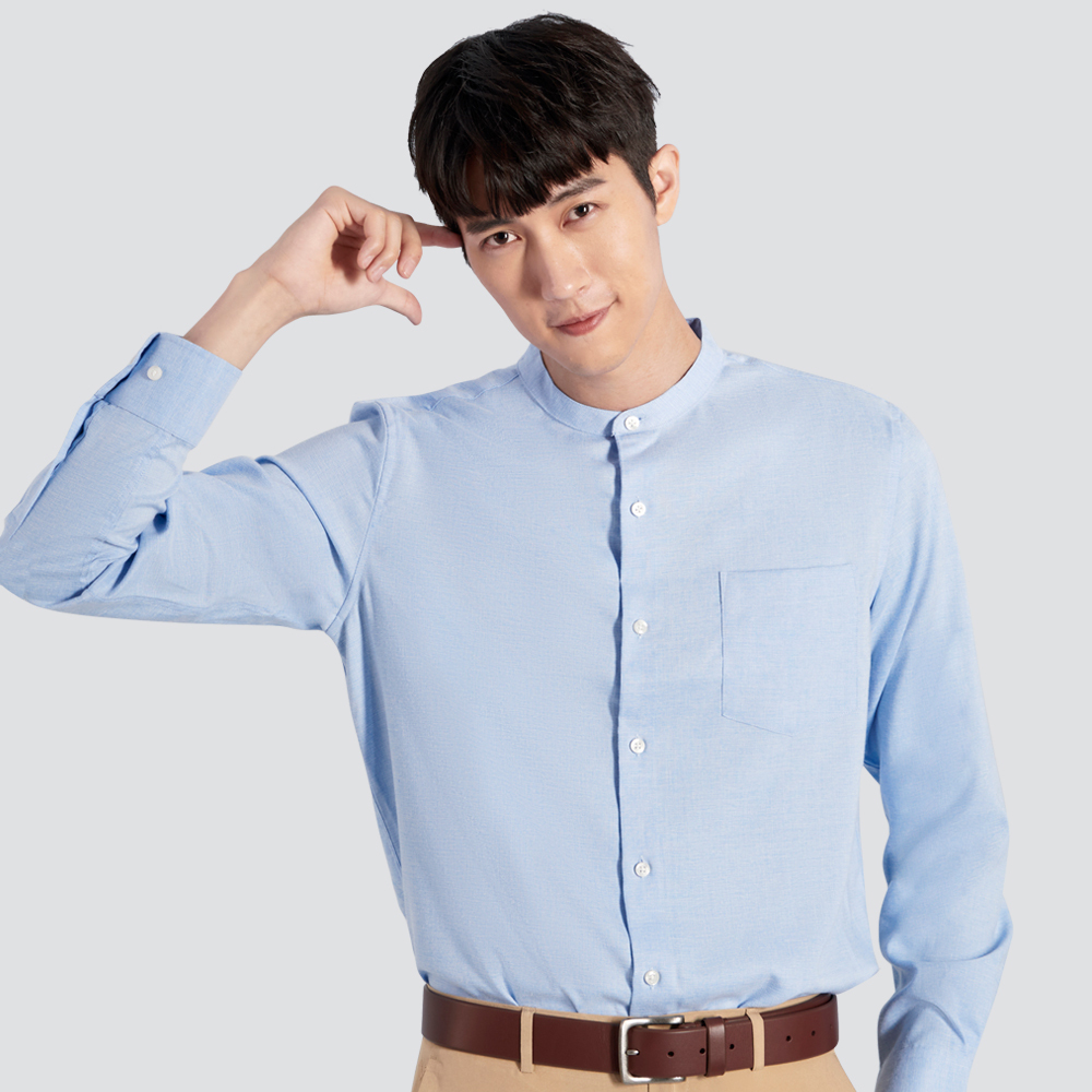 嫘縈立領彈性長袖襯衫-藍