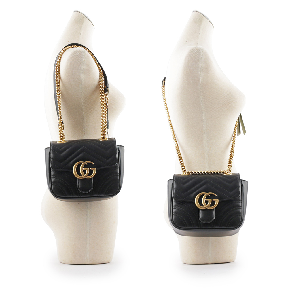 【GUCCI】GG Marmont 縫線迷你方胖斜背包(黑色)