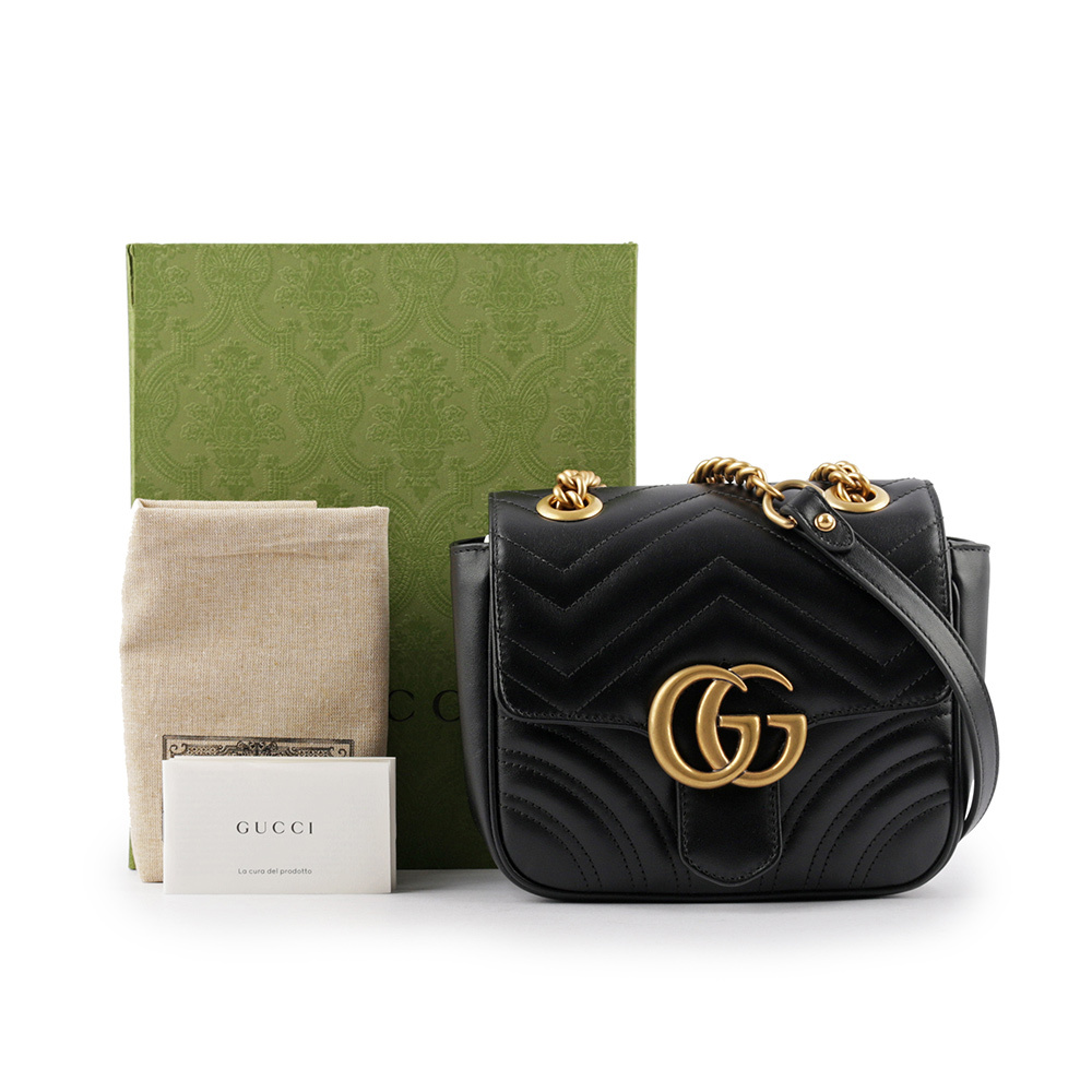 【GUCCI】GG Marmont 縫線迷你方胖斜背包(黑色)