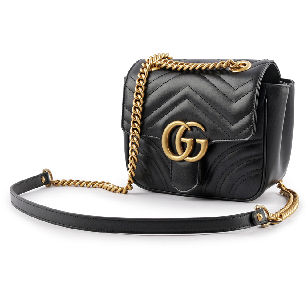 【GUCCI】GG Marmont 縫線迷你方胖斜背包(黑色)