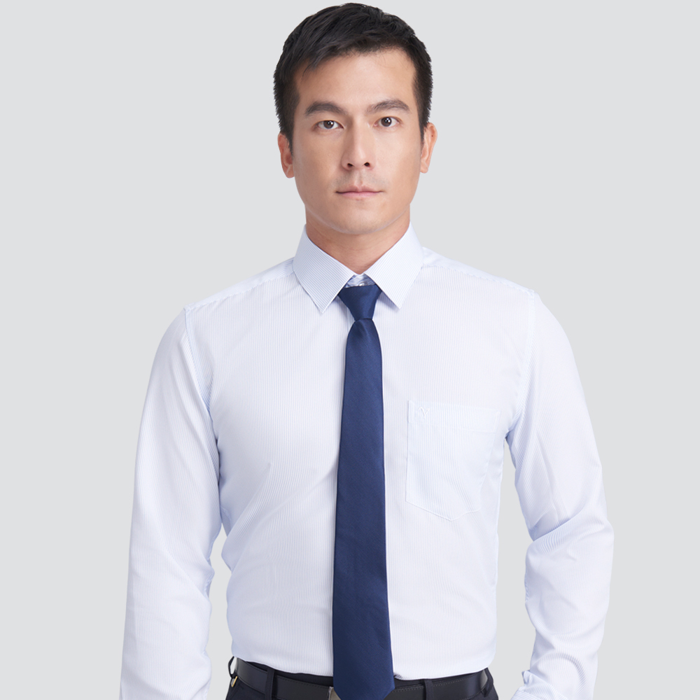 修身條紋長袖襯衫-藍條