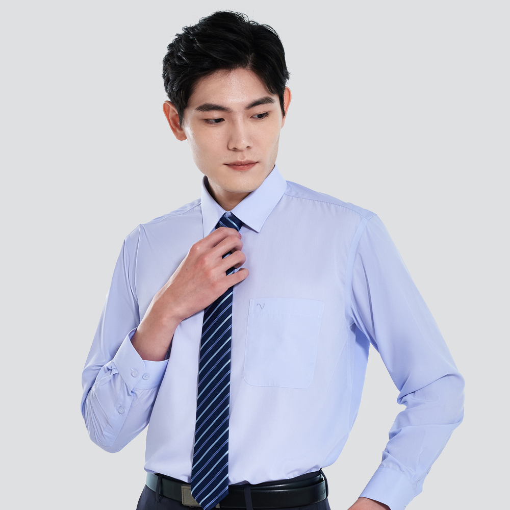 仿天絲素面長袖襯衫-藍