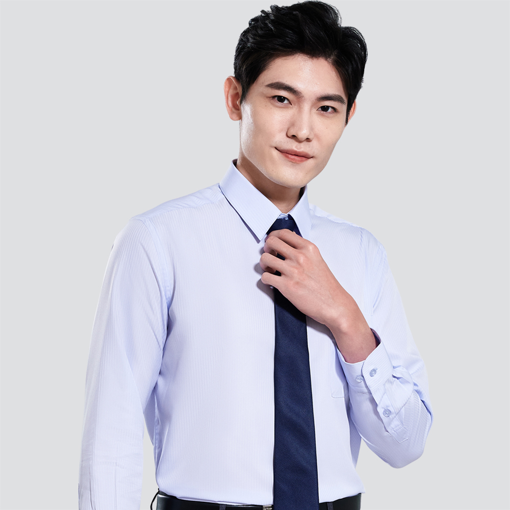 仿天絲條紋長袖襯衫-藍