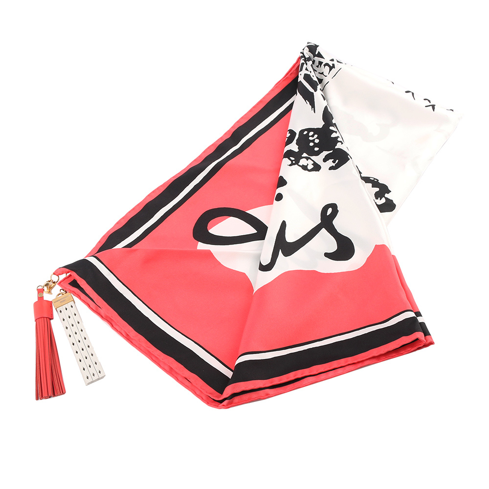【Louis Vuitton / LV】鐵塔圖案絲質附流蘇吊飾方巾(白色/珊瑚粉)