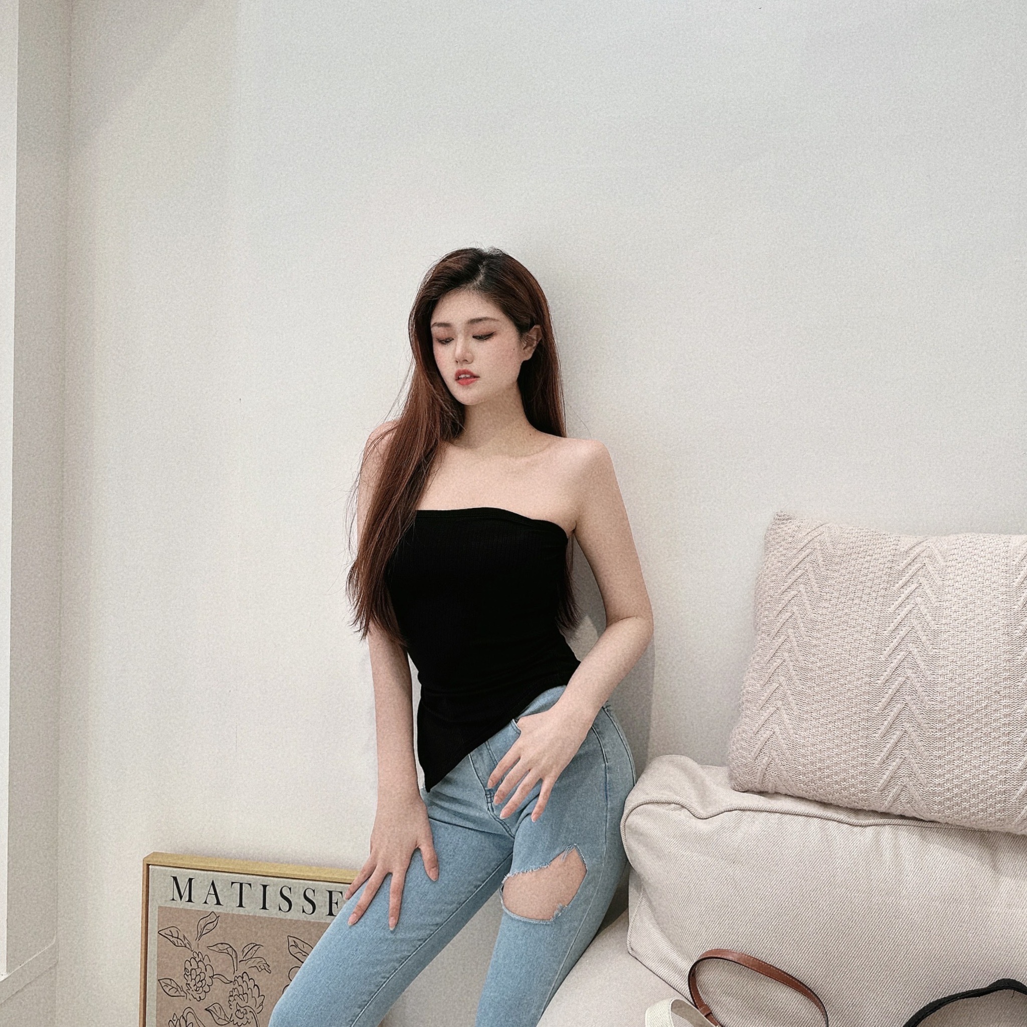 斜切側開衩胸墊抹胸上衣/三色