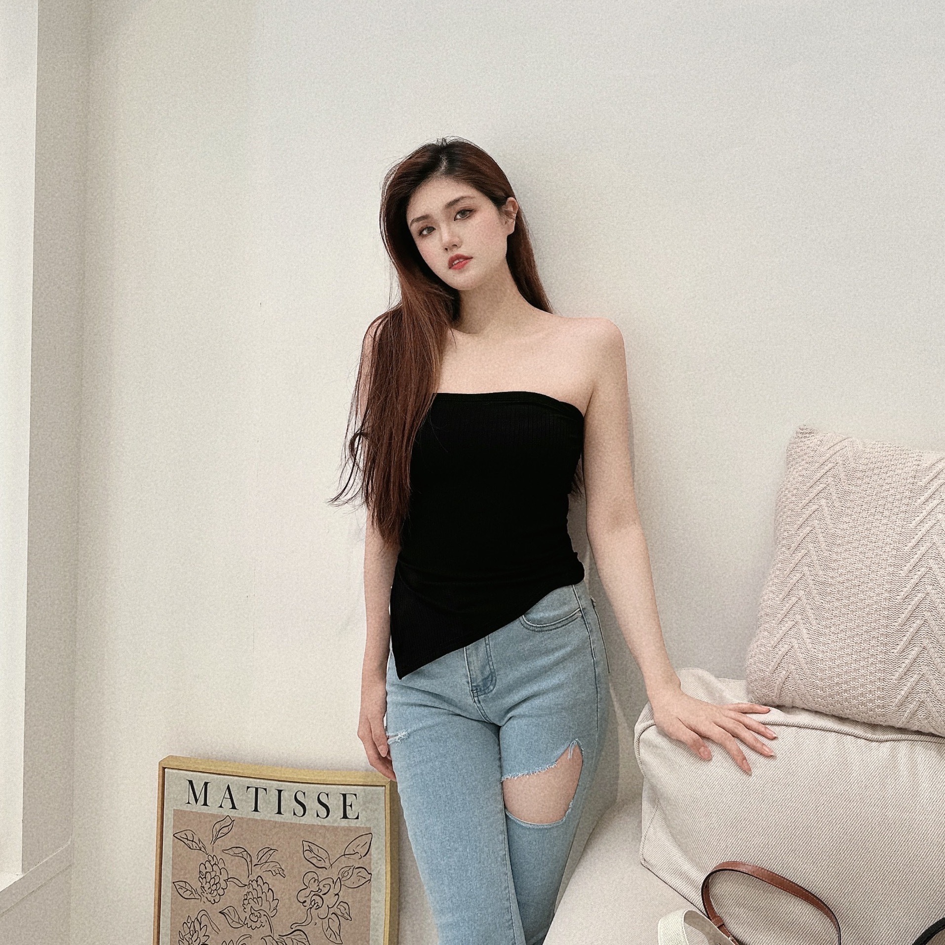 斜切側開衩胸墊抹胸上衣/三色