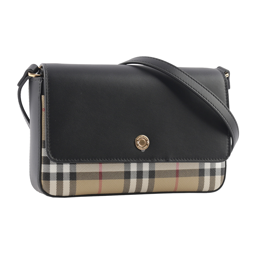 【BURBERRY】Penny 格紋帆布拼小牛皮翻蓋斜背包(經典米色/黑色)