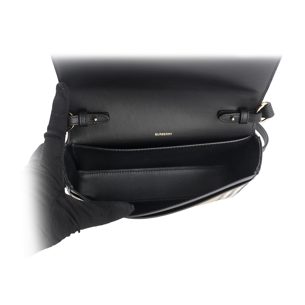 【BURBERRY】Penny 格紋帆布拼小牛皮翻蓋斜背包(經典米色/黑色)