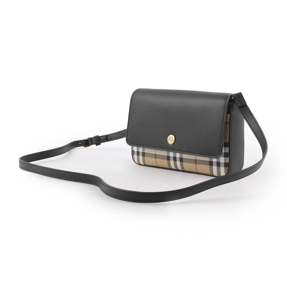 【BURBERRY】Penny 格紋帆布拼小牛皮翻蓋斜背包(經典米色/黑色)