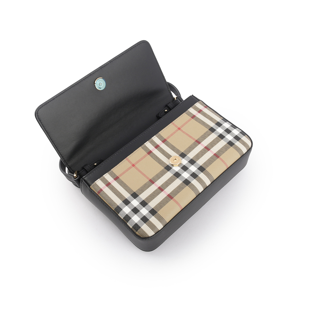 【BURBERRY】Penny 格紋帆布拼小牛皮翻蓋斜背包(經典米色/黑色)