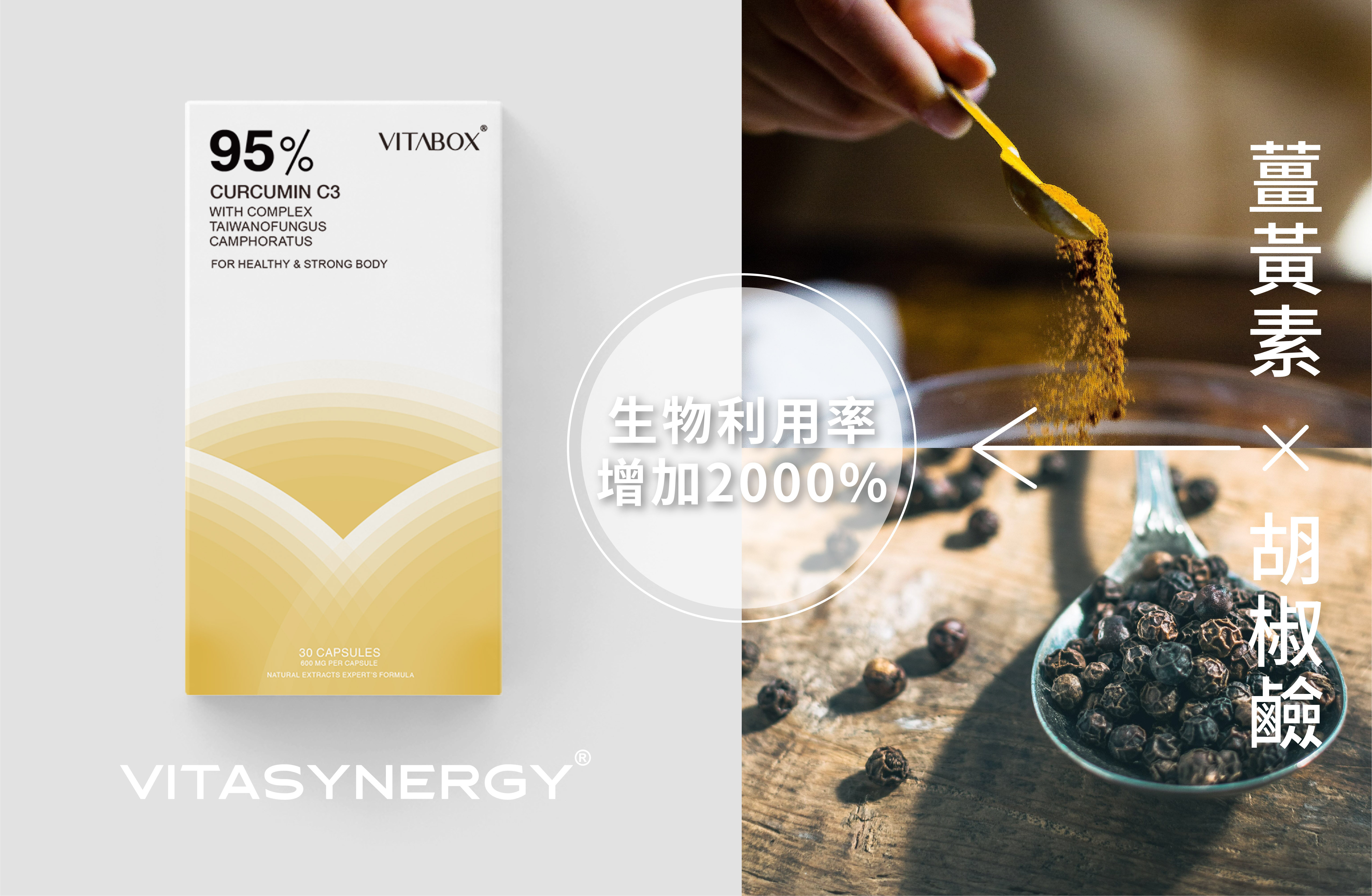 VITASYNERGY™ 薑黃素 x 胡椒鹼 ➞ 生物利用率增加 2000%