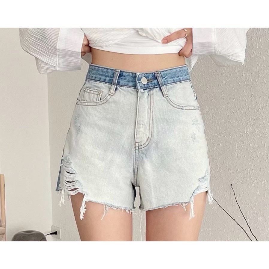 🔥05.24直播新品］💥今年最夯雙色褲］🇰🇷正韓中高腰刷破修身前後雙色牛仔短褲（S-L）