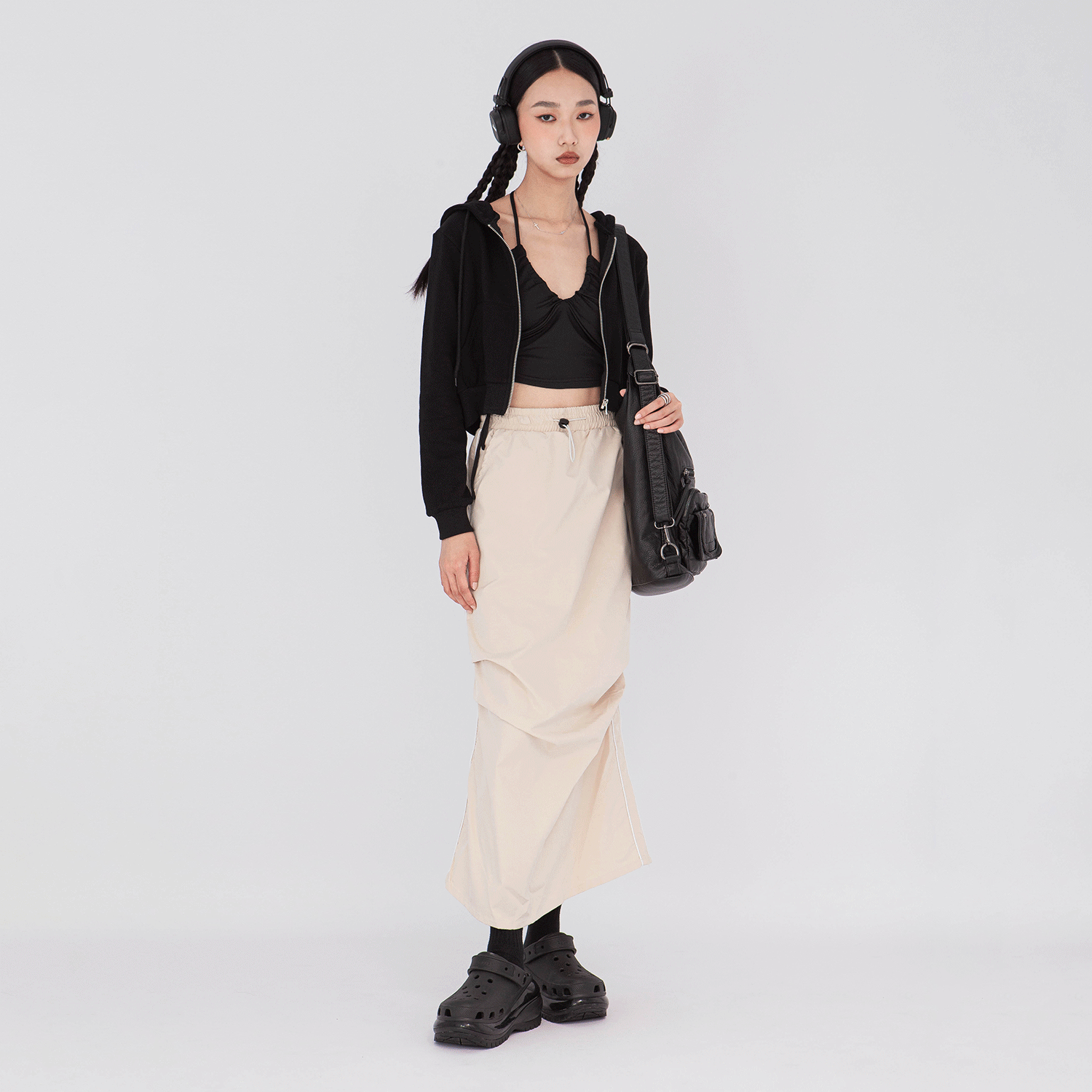 條紋打褶中長裙