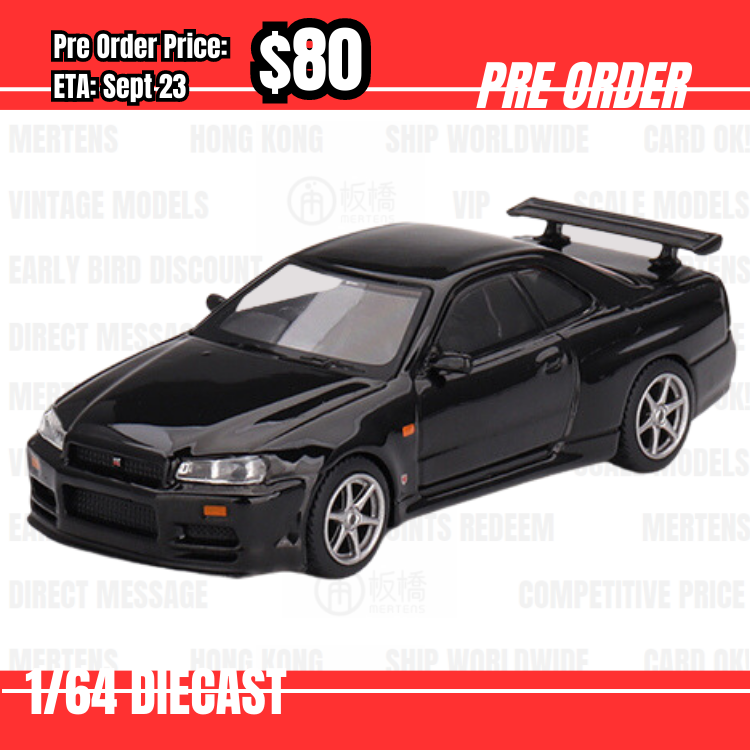 Pre Order-$80 Mini GT #570 Nissan Skyline GT-R (R34) V-Spec Black Pearl RHD [OD22/05]