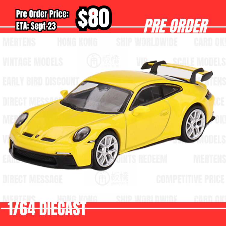 Pre Order-$80 Mini GT #565 Porsche 911 (992) GT3 Racing Yellow RHD [OD22/05]