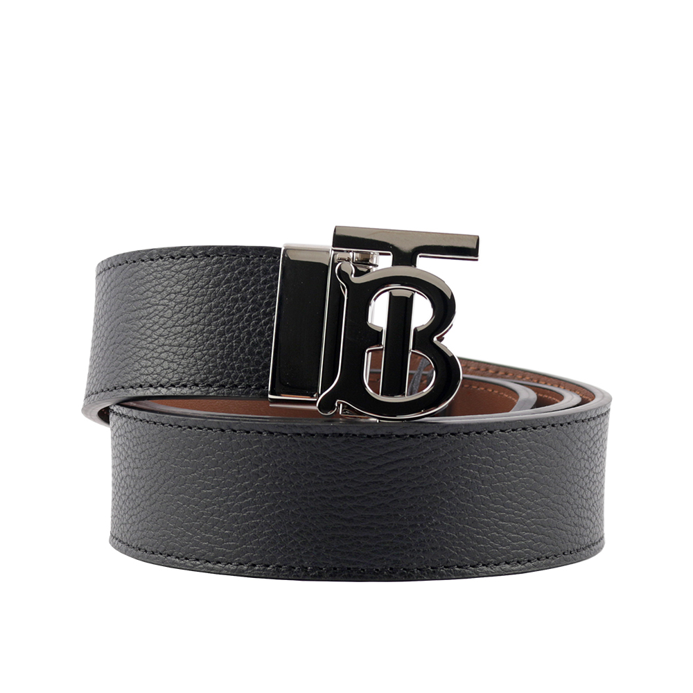 【BURBERRY】銀色Logo 牛皮及平滑皮革雙面可用皮帶(黑色/棕褐色)