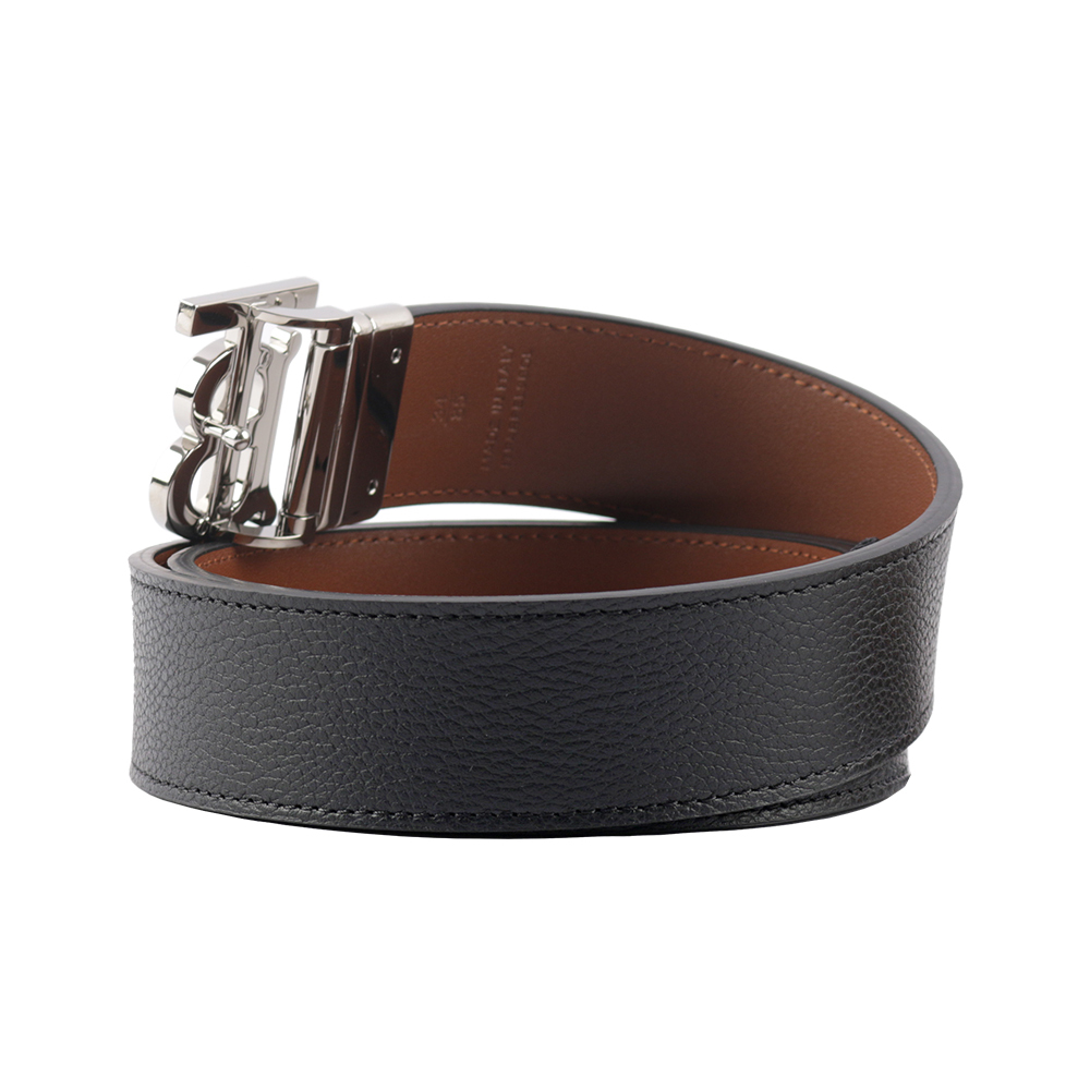 【BURBERRY】銀色Logo 牛皮及平滑皮革雙面可用皮帶(黑色/棕褐色)