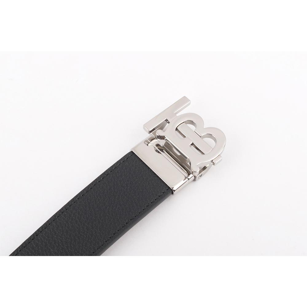 【BURBERRY】銀色Logo 牛皮及平滑皮革雙面可用皮帶(黑色/棕褐色)