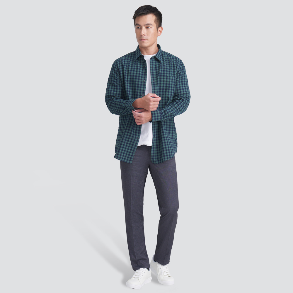 格紋長袖襯衫-藍綠格