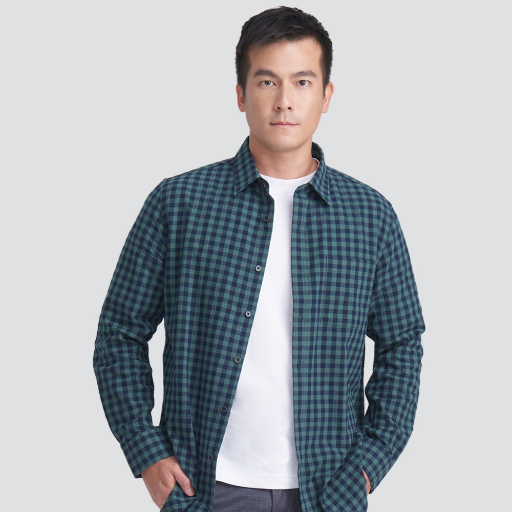 格紋長袖襯衫-四色