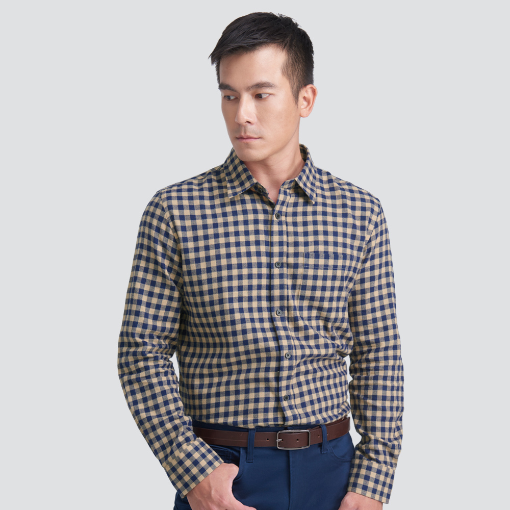格紋長袖襯衫-卡其藍格