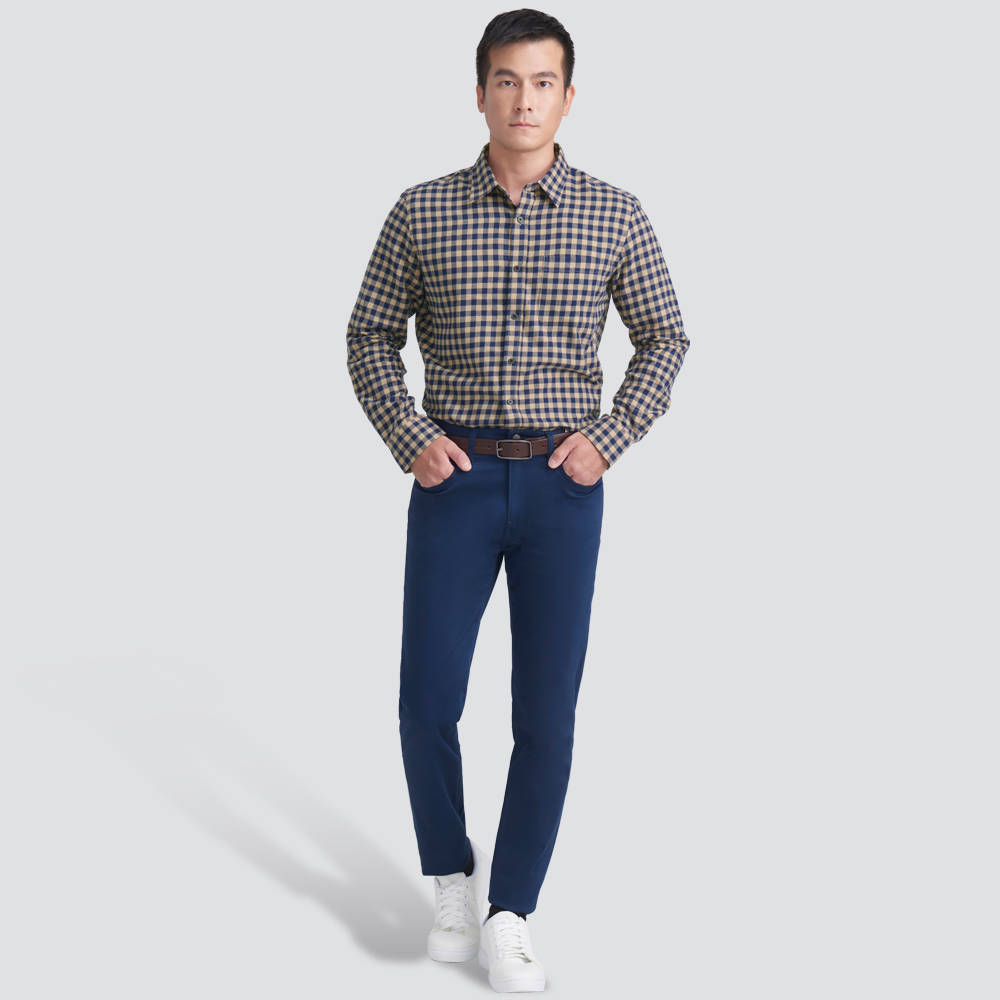 格紋長袖襯衫-卡其藍格