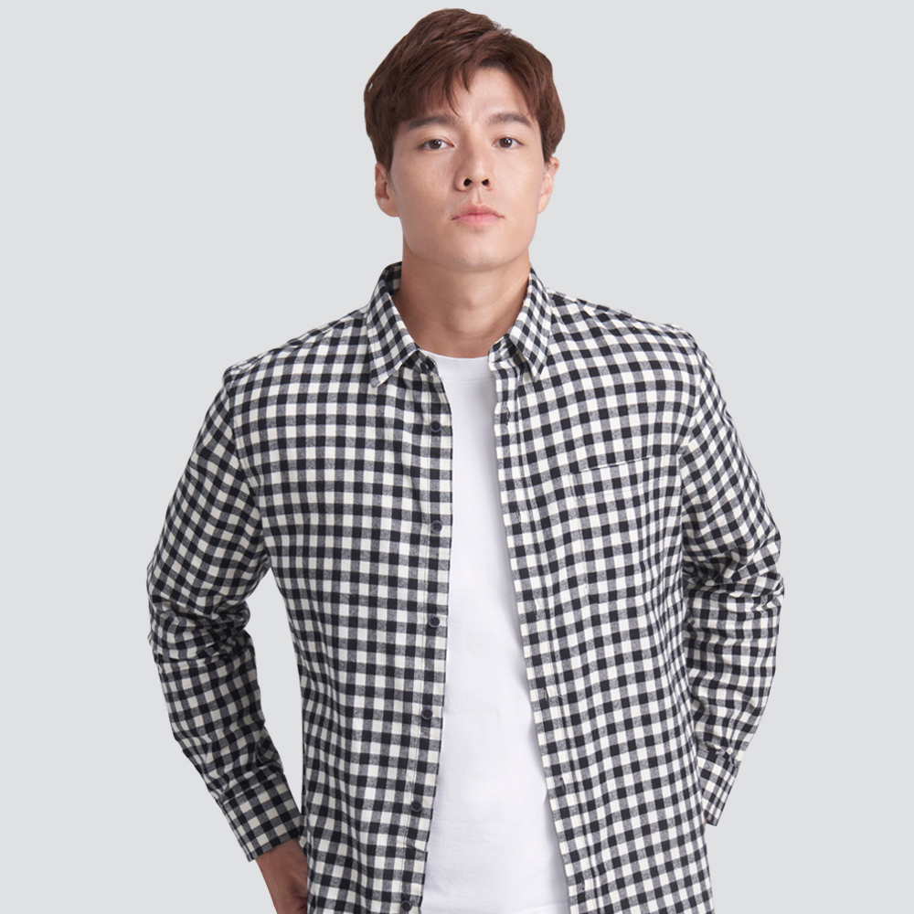 格紋長袖襯衫-黑白格