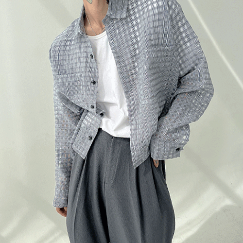 格子透視短款襯衫